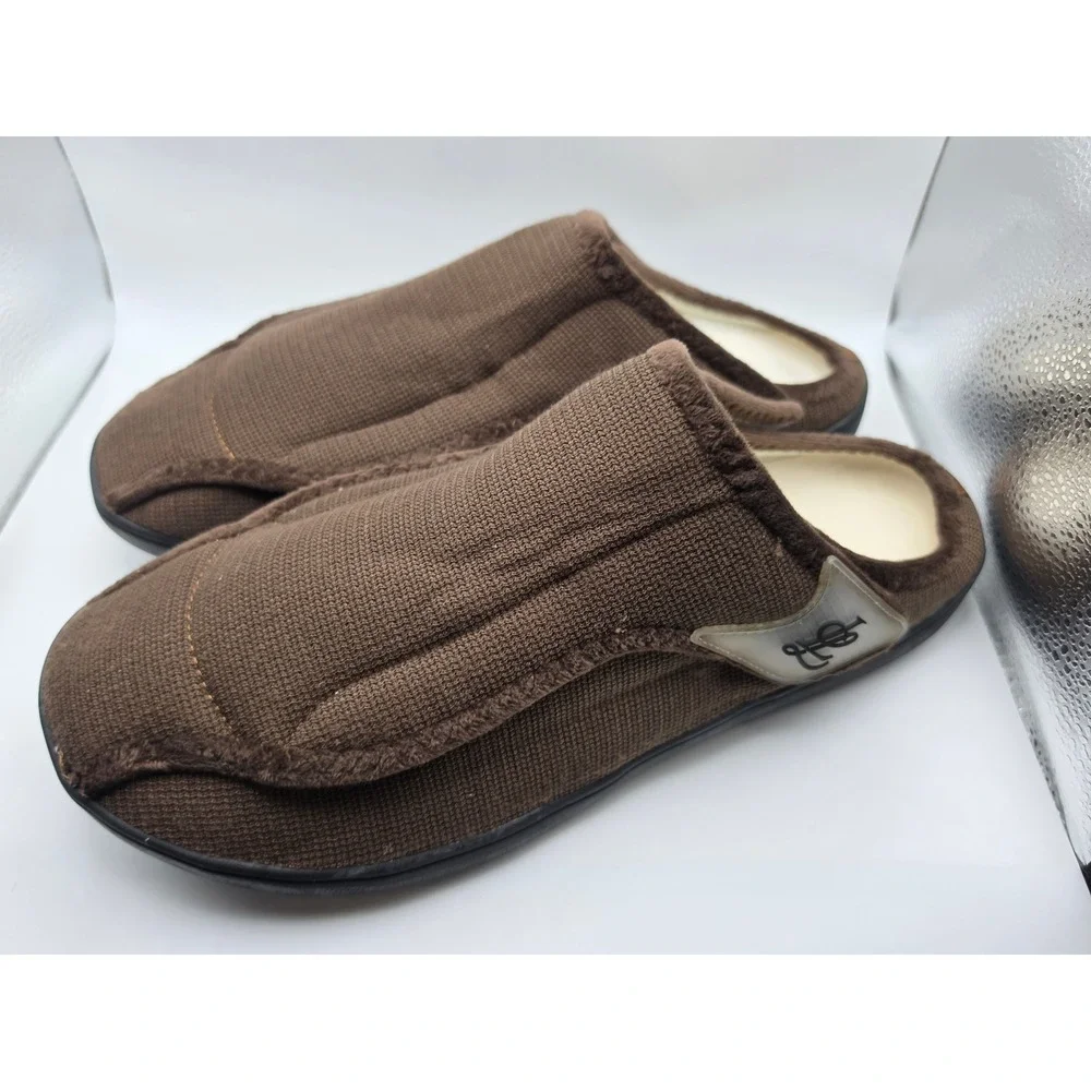 Brown Waffle Knit Adjustable Strap Slippers Mules Faux Fur Lined Size 43 10-10.5